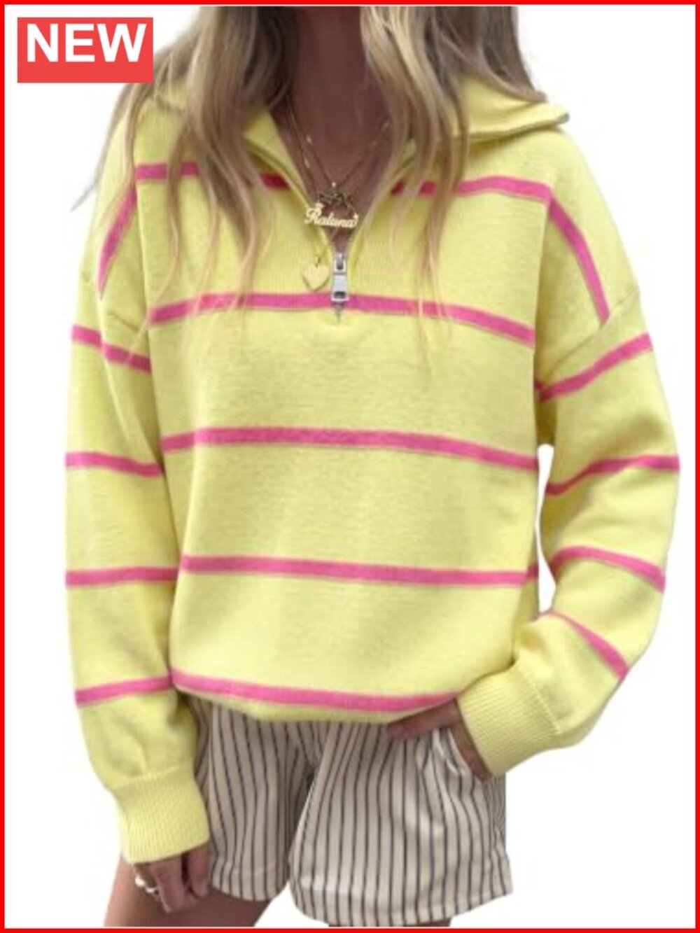Womens Quarter Zip Striped Sweater Oversized Turtleneck Pullover